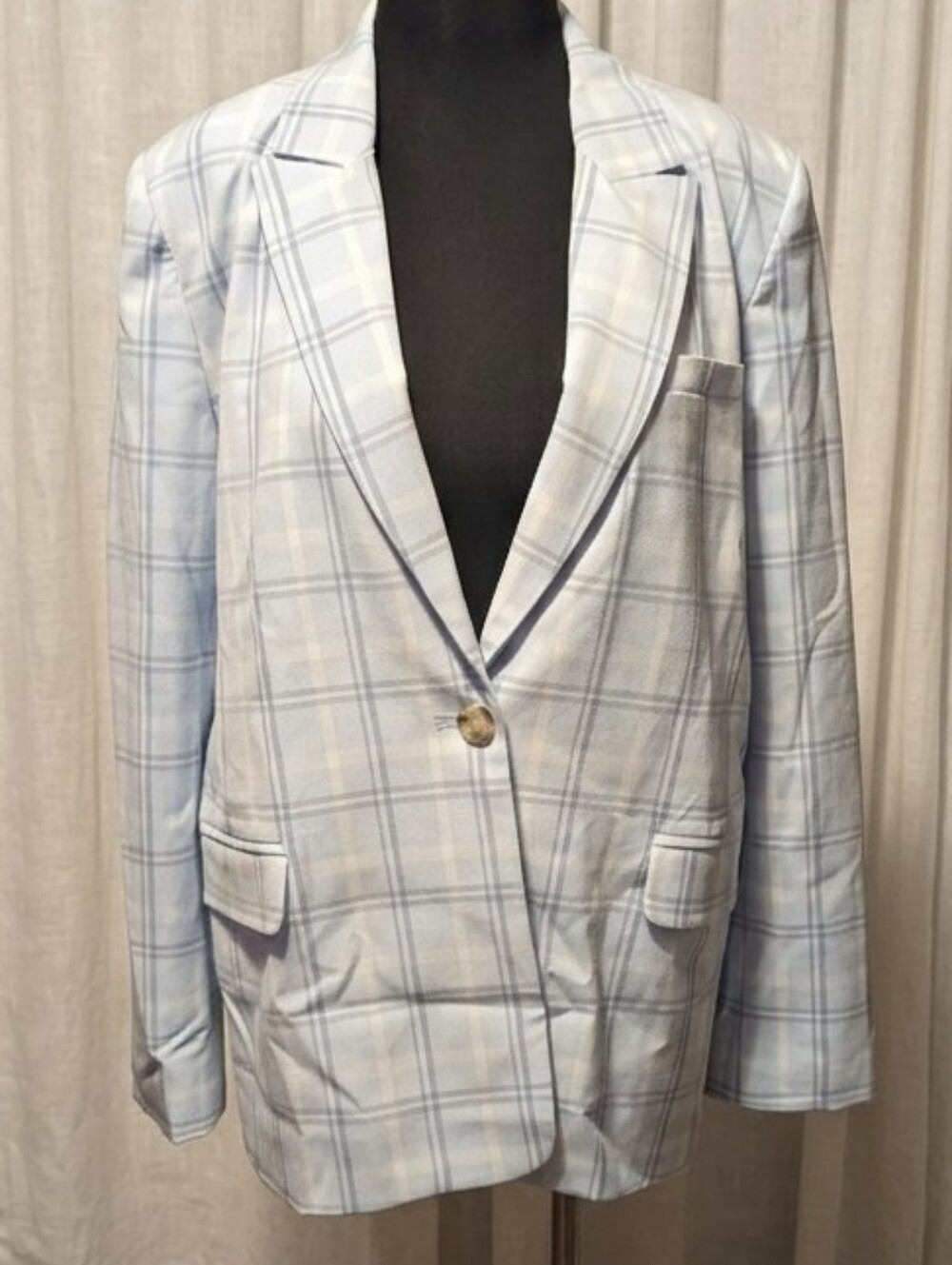 Halogen Light Blue Plaid Single-Button Blazer